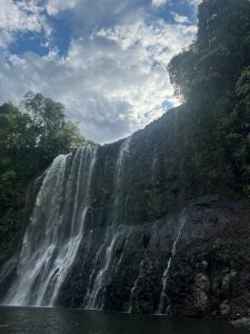 Waterfall cascading down a rocky cliff surrounded by greeneries.