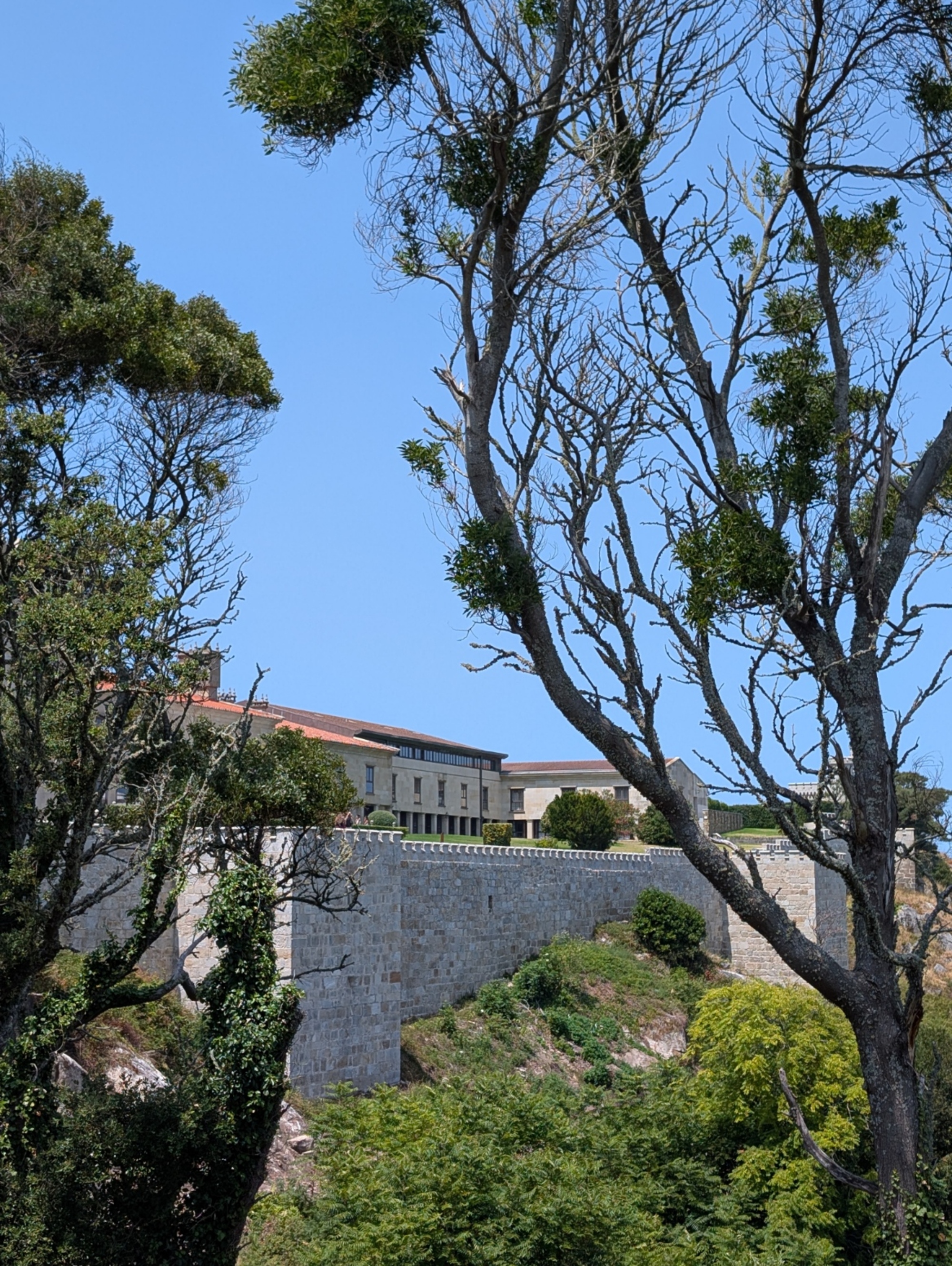 Stone defensive fortress walls of the Parador de Baiona framed by green tree branches under a clear blue sky in Galicia, Spain.