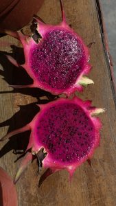 Freshly cut red-fleshed dragon fruit (pitaya), showing its vibrant pink flesh and tiny black edible seeds. 