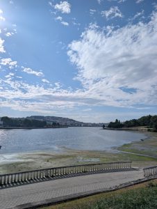 Wide scenic view of a coastal estuary promenade with low tide mudflats, surrounding green hills, and light clouds scattered across a bright blue sky.