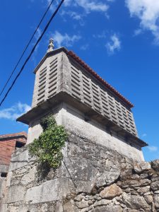 A traditional stone horreo with a red-tiled roof, ivy-covered wall, and blue sky.