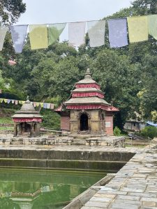 A golden statue on a stone pedestal stands beside the Nepal flag, with a red-brick building and trees in the background.
