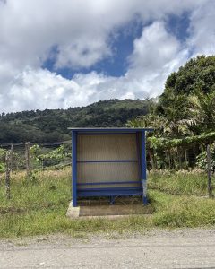 A small, blue bus stop shelter with a bench stands beside a road in a countryside setting.
