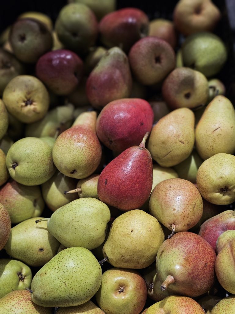 A collection of green and red pears fills the frame, showing varied colors, shapes, and textures. The close-up composition creates an attractive still-life photograph. Location: Mankavu, Kozhikode, Kerala.