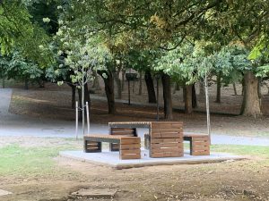 Wooden picnic table surrounded by green trees in a peaceful park, with a paved path and fallen leaves.
