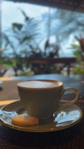 A cappuccino in a ceramic cup and saucer, served with a small cookie on a table with a blurred outdoor background.
