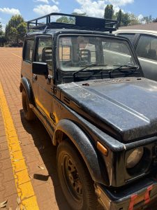 Black compact off-road vehicle with a roof rack parked on a brick-paved road, surrounded by trees and fallen leaves.
