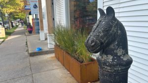 On the right an iron horse’s head covered in lichens is on a post. It’s like an antique hitching post. On the left is an out of focus sidewalk.
