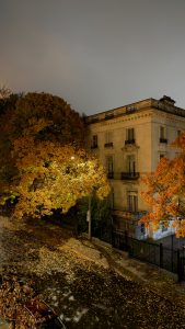 A quiet street at night in autumn, with orange and yellow maple trees glowing under a streetlight, fallen leaves covering the wet road, and a historic stone mansion with iron balconies behind a black iron fence.
