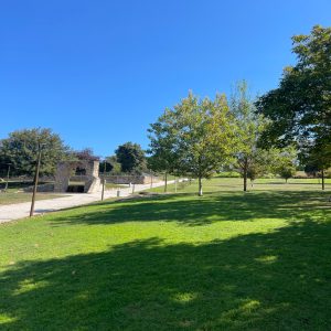Open green park with a stone pavilion, winding pathway, scattered trees, and a clear blue sky.