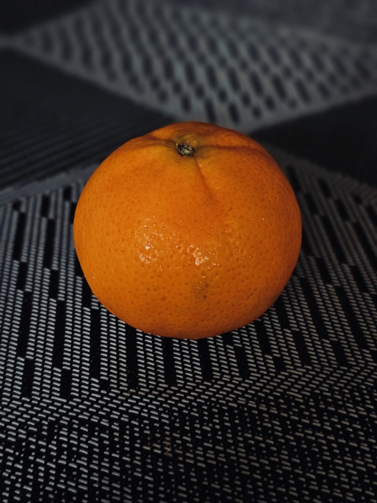 A single bright orange sits against a dark textured surface. The simple composition, strong color contrast, and shallow depth of field make the fruit stand out. Location: Vazhithala, Idukki, Kerala.