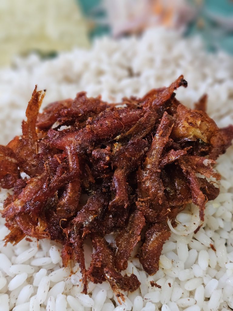 An appetizing close-up of a crispy fried seafood dish (Indian anchovy or whitebait fish) served over rice. The rich reddish-brown texture and shallow depth of field make the food look especially inviting and highlight its crisp preparation. Location: Ayamkudy, Kottayam, Kerala.