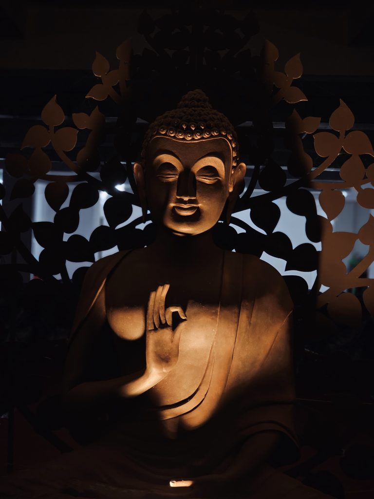 A Buddha statue is dramatically lit against a dark background, creating a peaceful, atmospheric portrait with strong light and shadow. Location: Ayamkudy, Kottayam, Kerala.