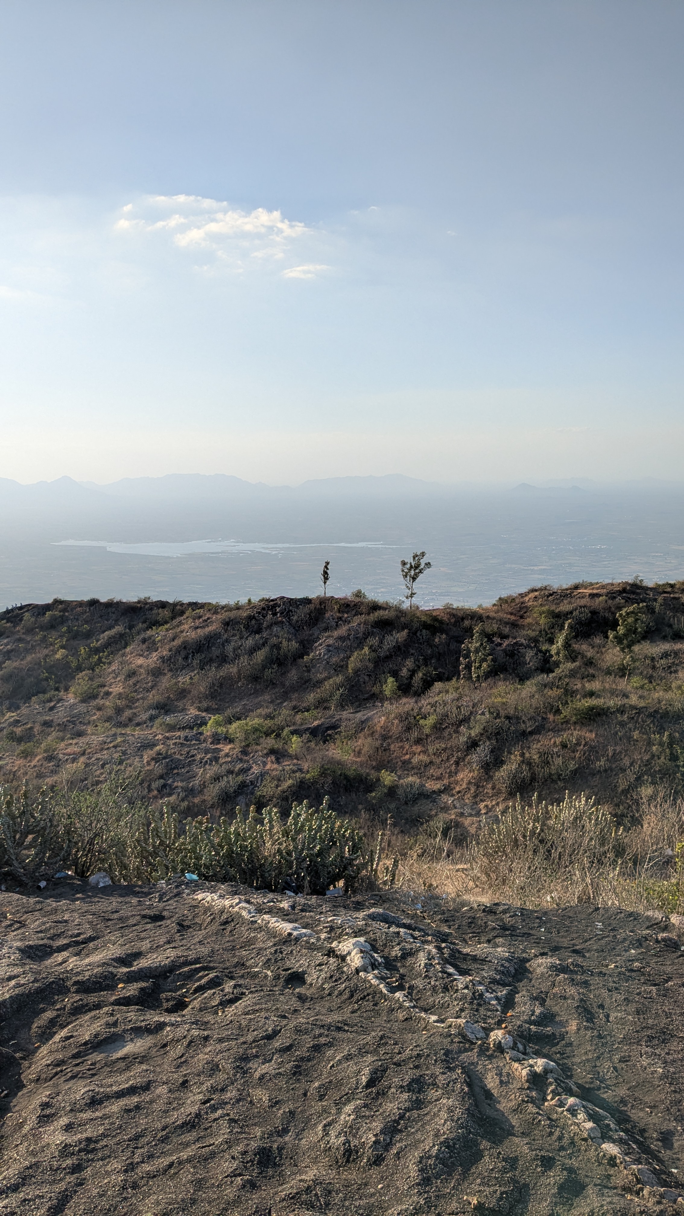 Mountain ridge with rocky terrain, grasses and shrubs in the foreground, distant hills, and a small body of water under a clear blue sky.