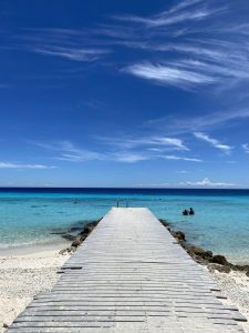 Wooden dock leading into clear turquoise ocean water with people swimming, Porto Mari beach, Curaçao.

