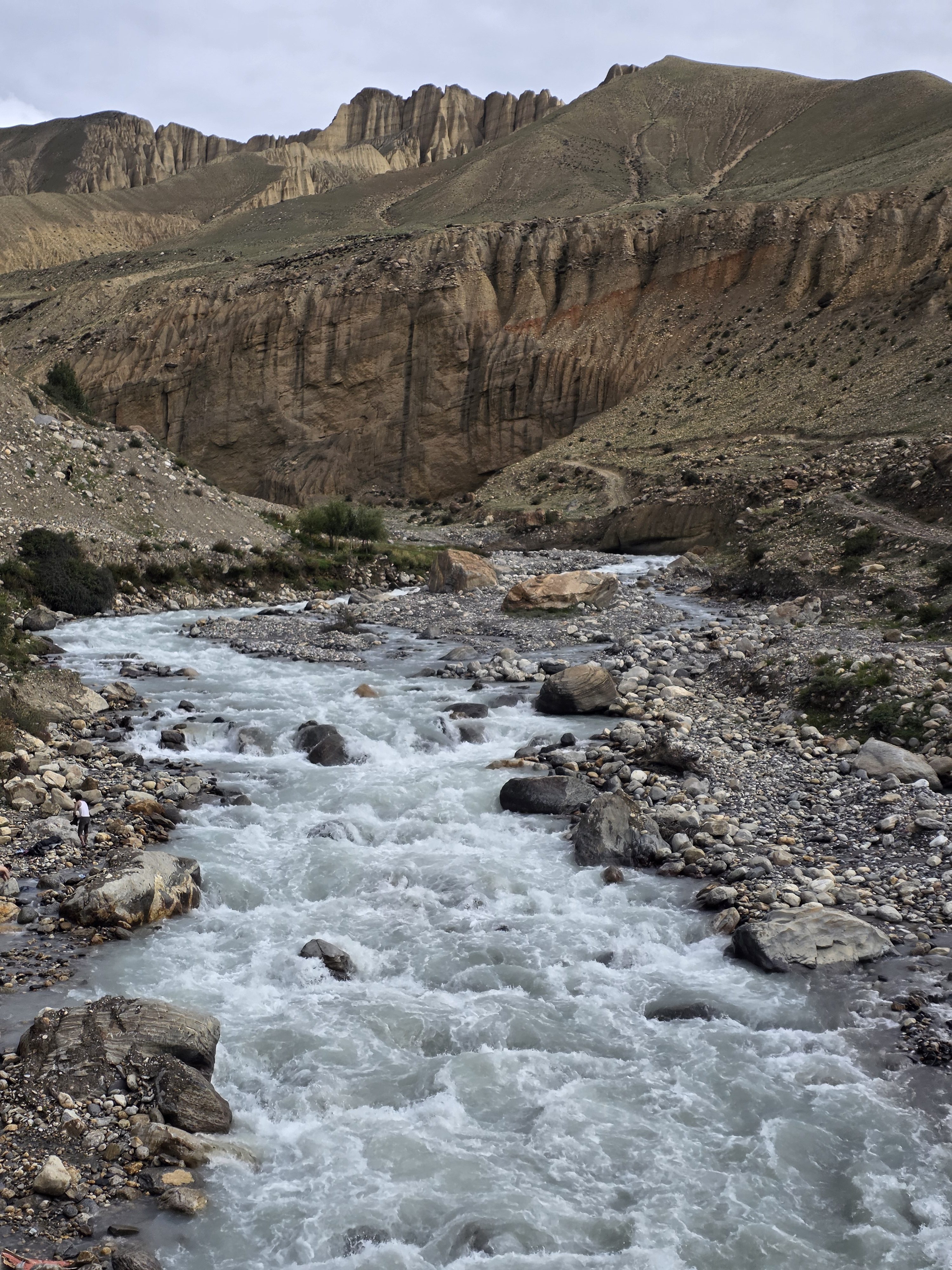 Whitewater river flowing through a rocky mountain canyon with towering cliffs under a cloudy sky.