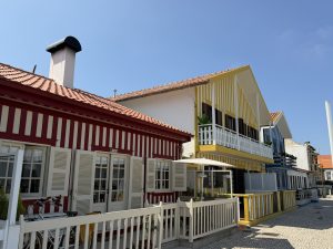 View of the colourful houses of Costa Nova, Portugal, featuring red and white, yellow and white, and blue and white stripes beneath a clear blue sky.