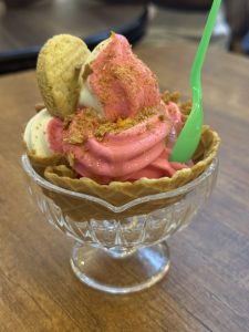 Ice cream in a cone inside a glass
