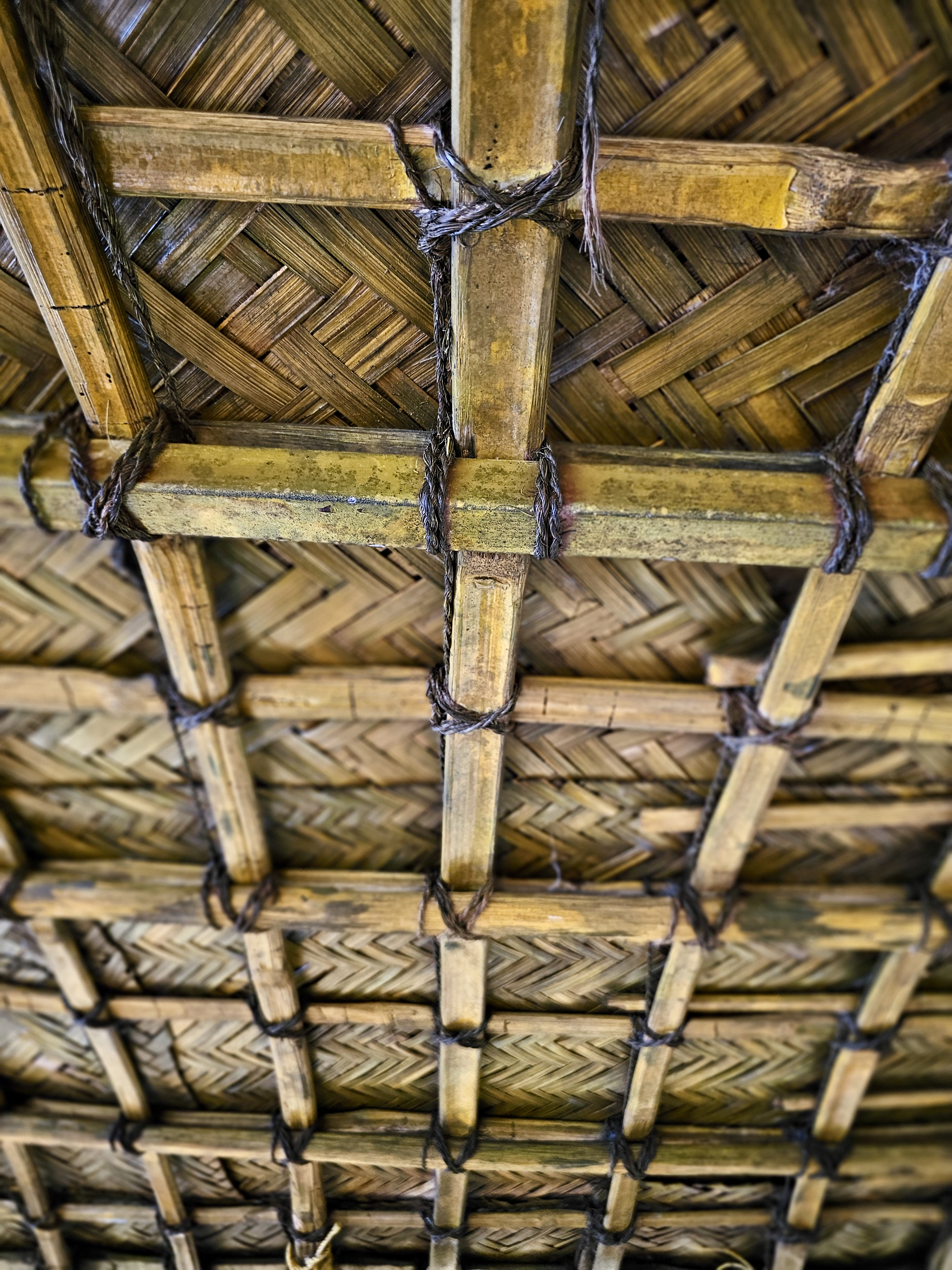 A detailed view of a traditional woven palm-leaf roof supported by bamboo poles tied together with natural fiber. The repeating geometric patterns and warm, earthy textures showcase traditional construction. Location: Ayamkudy, Kottayam, Kerala.