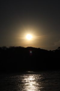 A golden sun hangs low in a hazy sky, casting a bright, glowing reflection across the Source of the Nile 
