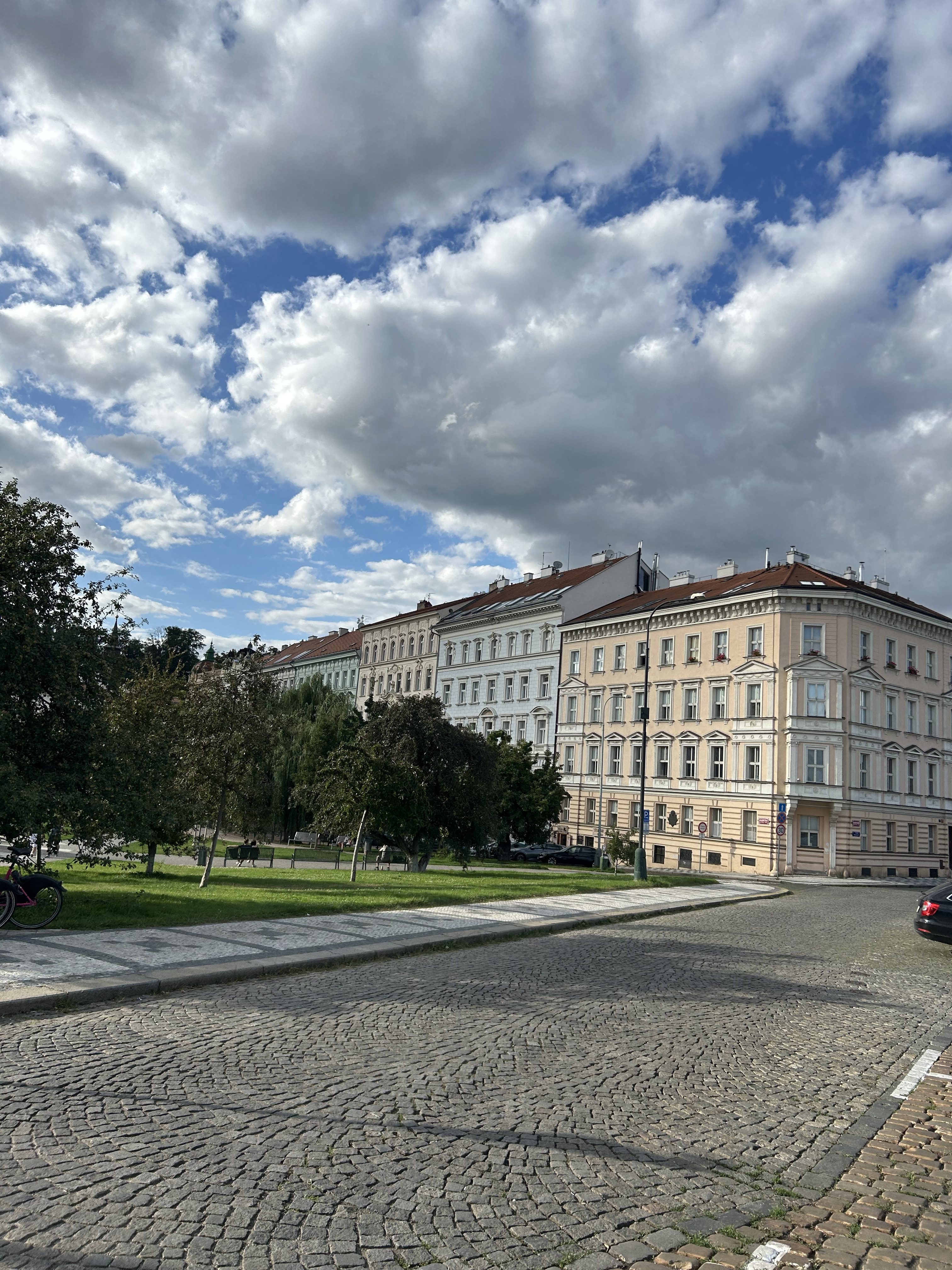 Paved urban plaza with classic buildings and a green park under a cloudy sky.