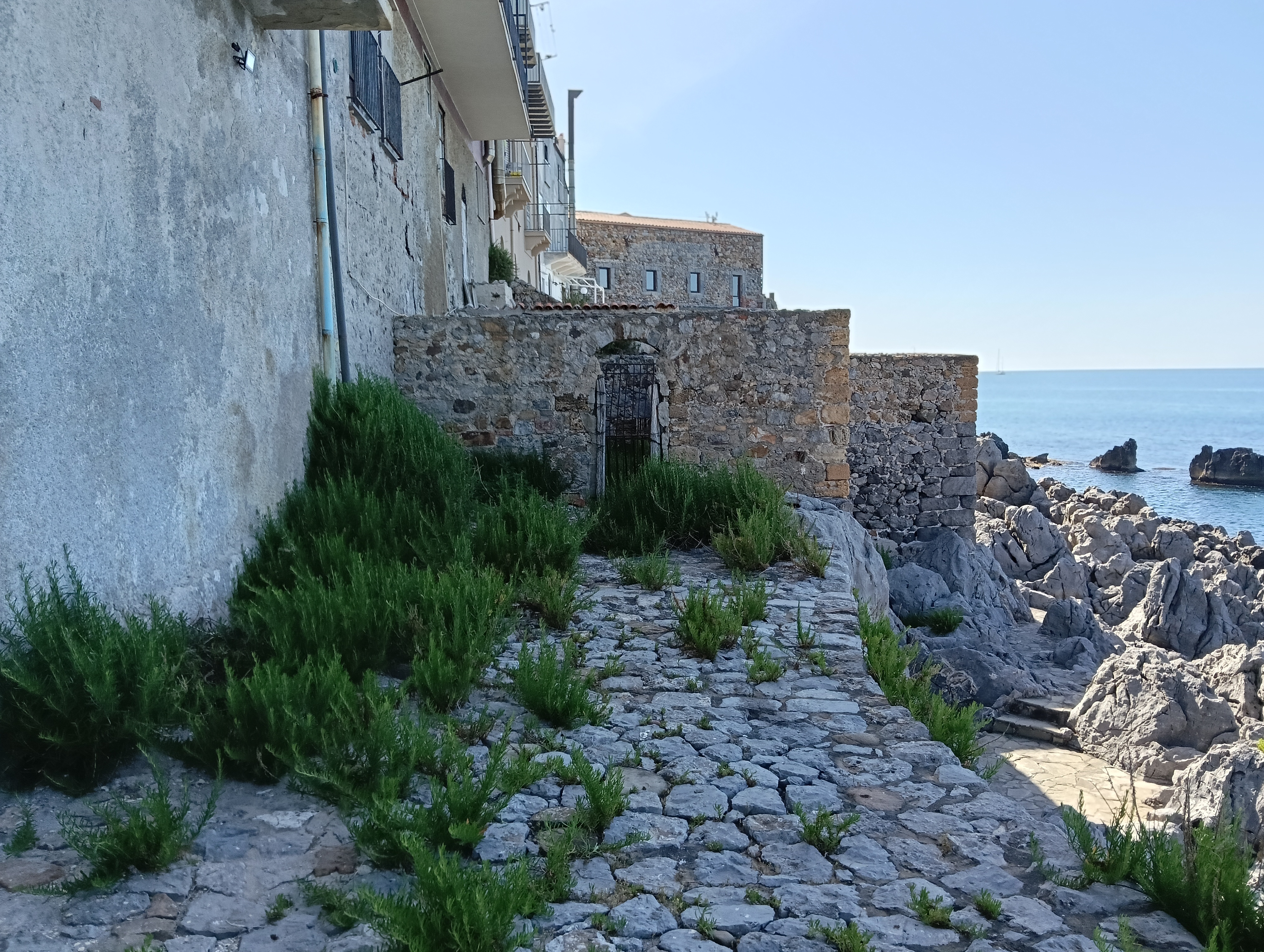 Ancient wall over a rock pathway covered in plants next to the sea on a clear day.