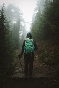 Person with a backpack and hat standing out facing a foggy forest path ahead with rocks on either side.