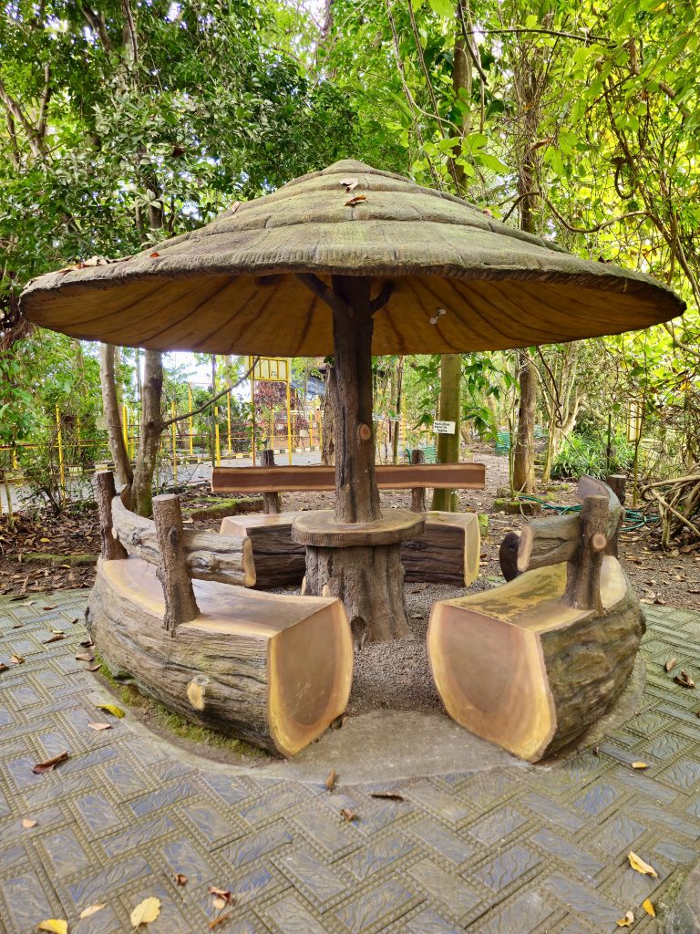 A rustic mushroom-shaped wooden seating area surrounded by lush greenery. The natural materials, large canopy, and forest-like setting create an interesting outdoor composition. Location: Ayamkudy, Kottayam, Kerala.