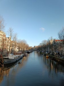 Scenic Amsterdam canal lined with historic gabled houses, leafless winter trees, and houseboats moored along quiet blue water under a clear sky.