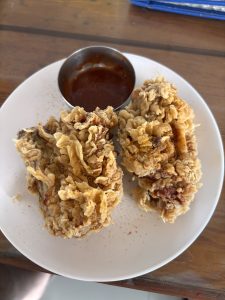 A white plate holds two large pieces of fried chicken coated in a crispy, textured batter that appears golden-brown.
