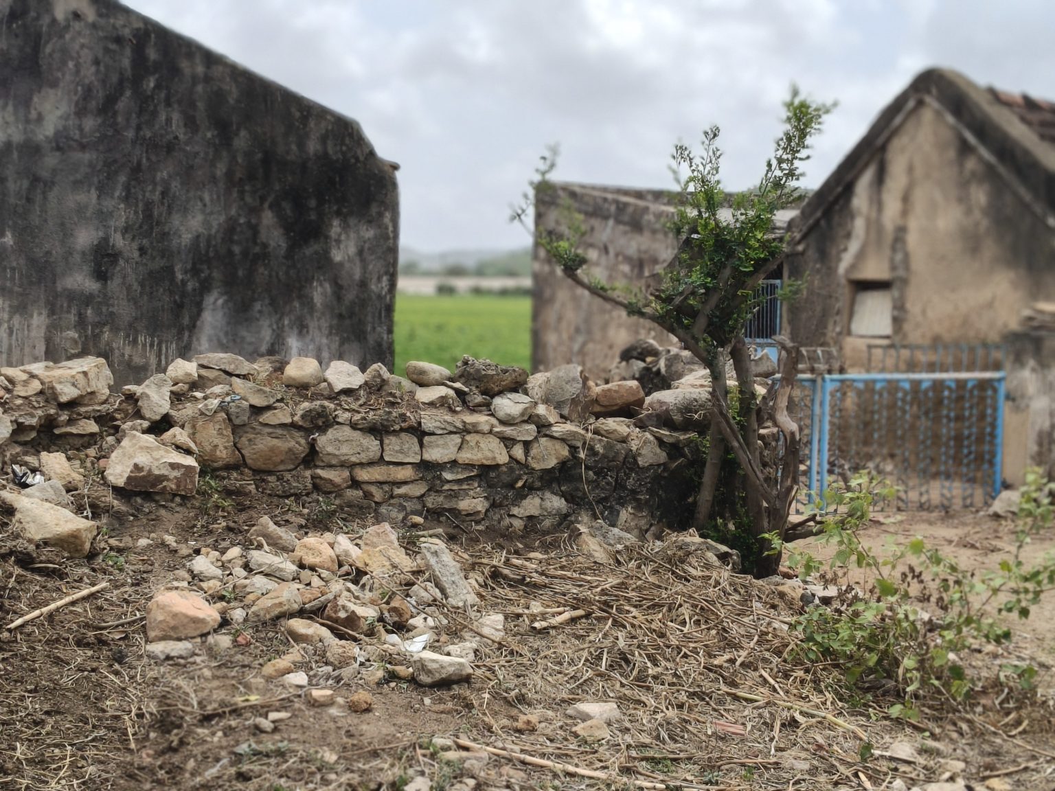 Partially collapsed stone wall in a rural area with scattered rocks, old buildings, and a small tree under a cloudy sky.