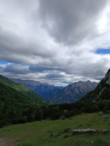 Dramatic mountain valley vista with lush green alpine slopes leading toward rugged rocky peaks under a cloudy sky.
