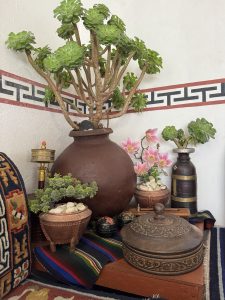 Decorative indoor corner with a potted succulent, prayer wheel, wooden bowls, and colorful textiles.