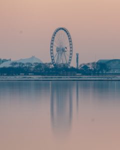 Chicago’s Centennial Wheel rises above bare winter trees along Navy Pier, reflected in a calm Lake Michigan beneath a pale pink and blue sky. Snow lines the distant waterfront.
