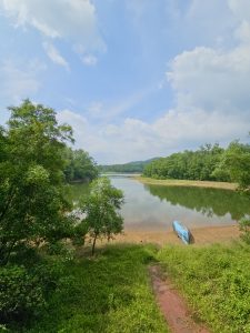 A peaceful lake surrounded by green woodland stretches beneath a bright blue sky. A small blue boat rests near the sandy shore, adding interest to this scenic landscape.