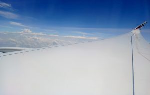 A plain right wing of an airplane cruising at high altitude in the sky above a soft bank of white clouds and blue atmosphere and sky.