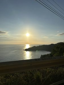 Golden sunset over the ocean with shimmering water, a green hillside, and a curving shore.