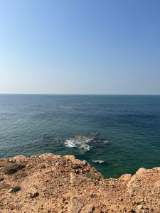 Rocky coastal cliff overlooking calm blue-green ocean waters beneath a clear blue sky.