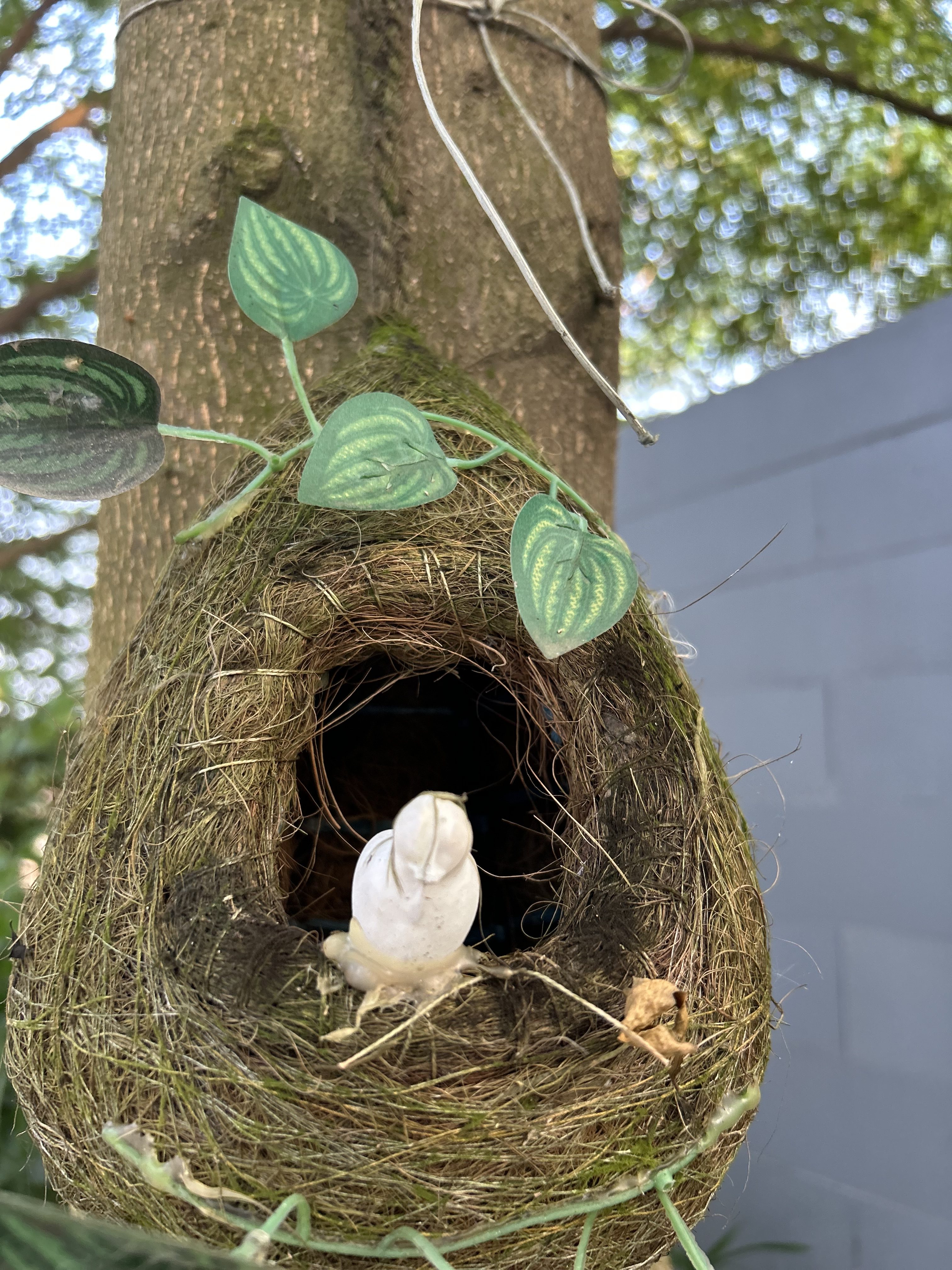 A woven bird’s nest with a small white decorative bird attached to a tree trunk.