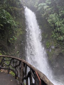 A waterfall surrounded by vegetation and rocks, with a lookout point next to it with a wood railing.