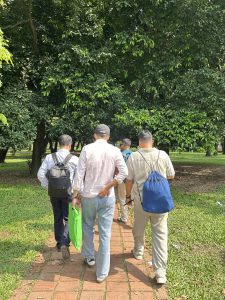 A group of four men is walking along a brick path in a park, surrounded by lush greenery.
