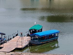 A lake with 3 boats, two of them green and the other light blue, are next to the dock
