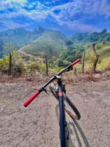 A mountain bike with red handlebar grips on a dirt road overlooking green hills, winding trails, and a bright blue sky with clouds.