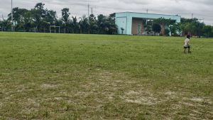 A small child walking across a large open green field towards a modern building under a cloudy sky.