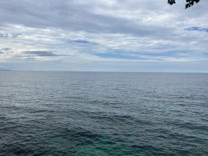 
Calm blue-green ocean with gentle ripples under a cloudy sky.