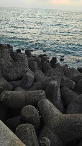 A scenic coastal marine drive Mumbai view featuring dark, rugged concrete wave breakers along the shoreline, with gentle waves rippling across the blue-green sea beneath a pale, hazy sky.
