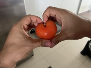 Two hands are held together, forming a heart shape, with a ripe red tomato positioned in the center. The tomato has a slight heart-like contour, enhancing the shape created by the hands.
