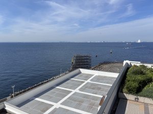 Umihotaru parking area on the Tokyo Bay Aqua-Line, appearing like an island surrounded by the ocean.