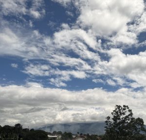 Photograph of the blue sky with a lot of clouds and a small horizon with trees below