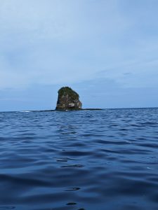 Small rocky islet covered with vegetation rising from calm blue ocean water.